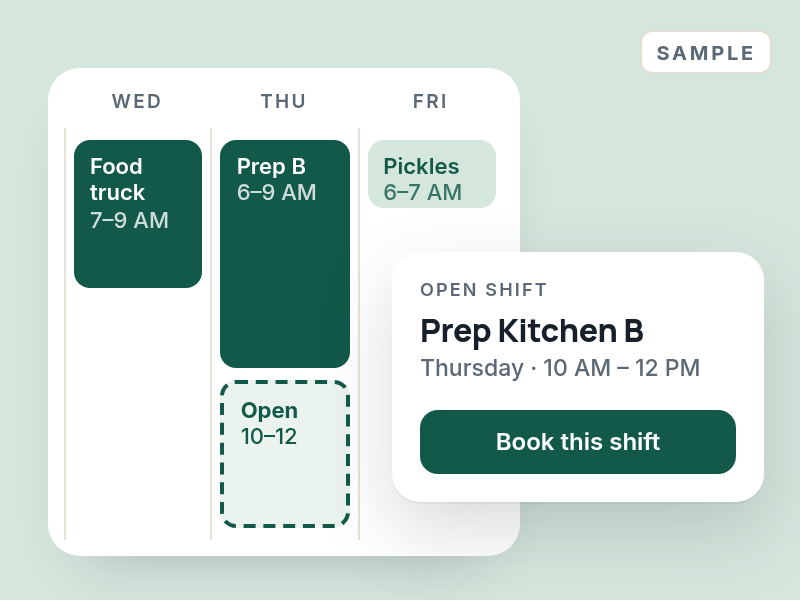 Sample calendar with an open Thursday shift selected and a Book this shift button